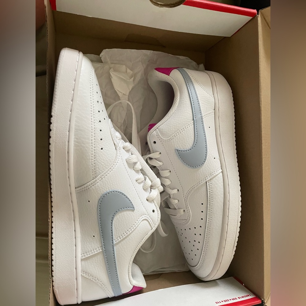 woman’s nike court vision lows, size 9.5, pink blue and white. Never worn